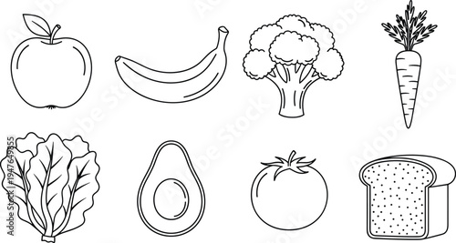 Healthy food outline icon collection with apple banana broccoli carrot lettuce avocado tomato and bread simple line vector nutrition illustration set