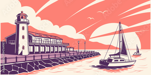 A sailboat floats near a lighthouse and building Vector