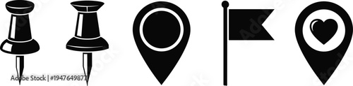 Map pin push pin flag and location heart icons silhouette vector set for navigation marker map interface design elements