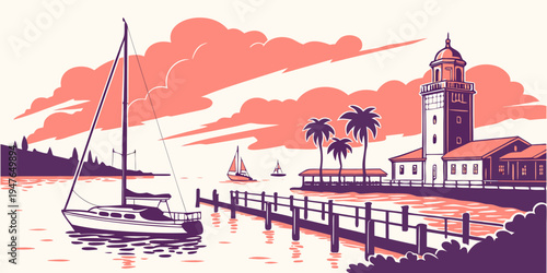 A small sailboat floats on calm water near a docked pier Vector