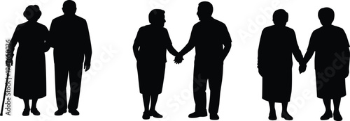 Senior Couple Silhouette Set Vector Illustration, Elderly Man and Woman Walking and Holding Hands, Retirement Life and Family Love Concept