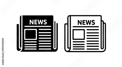 Newspaper icon set with solid and outline designs for news, media and journalism