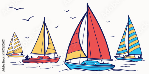 Four sailboats sailing on the water with seagulls Vector