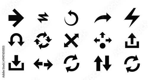 Collection of various black arrow and symbol icons in a grid silhouette