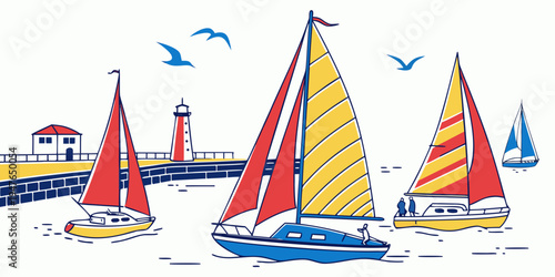 Sailboats on the water near a lighthouse Vector