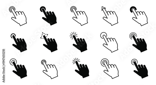 Collection of hand cursor icons demonstrating various clicking actions silhouette