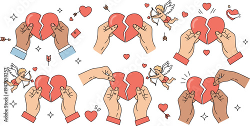 Broken Heart Repair Vector Collection with Hands Fixing Heart Cupid Love Relationship Illustration Set