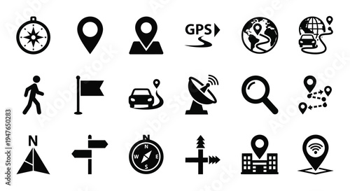 Collection of black navigation and location icons in a minimalist silhouette