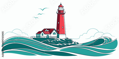 A red lighthouse on a rocky coastline with waves crashing Vector