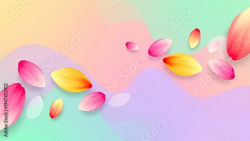 Abstract Pastel Background with Floating Colorful Flower Petals and Wavy Fluid Shapes for Spring or Summer Design