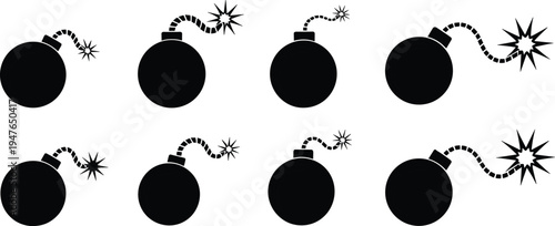 Cartoon bomb icon set with burning fuse, explosive danger symbol collection, black silhouette dynamite bombs isolated vector illustration design