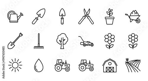 Gardening tools and plants as simple black line drawings silhouette