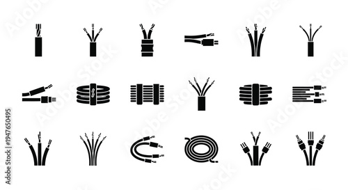 Collection of various electrical cable and connector icons silhouette