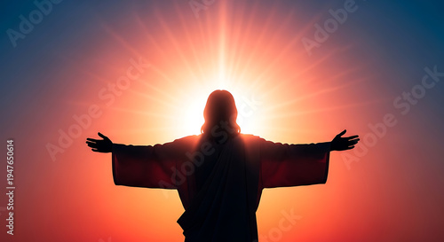 Jesus Christ silhouette with open arms and radiant sunbeams