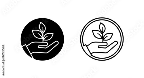 Seedling in hand icon badge representing environmental conservation and growth