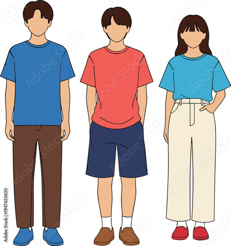 Young people characters set teenage boys and girl standing casual clothing modern youth lifestyle flat vector illustration collection