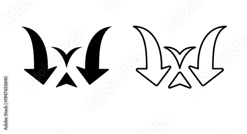 Curved downward arrow vector icons in solid and outline styles