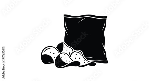 A black silhouette of a chip bag with scattered chips nearby silhouette