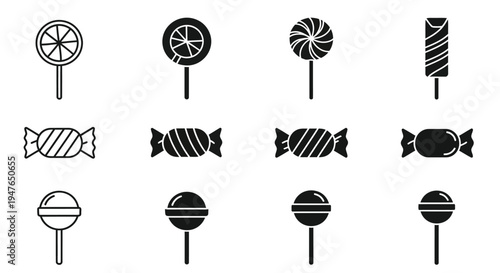Collection of various black candy shapes in a simple silhouette