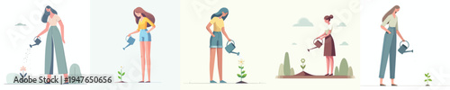 vector of a woman stand watering small flower in a pot during spring