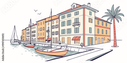 A large building with a palm tree next to it Vector