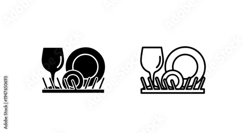 Dish drying rack icon with plates and glass vector illustration set