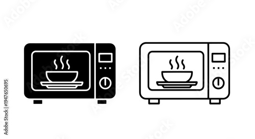 Microwave oven appliance icons with hot bowl of food and steam