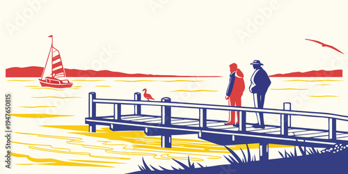 A couple standing on a dock by the water Vector