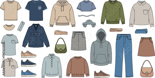 Casual Clothing Vector Collection with Shirts Pants Hoodie Jacket Shoes Bag Everyday Fashion Outfit Illustration Set