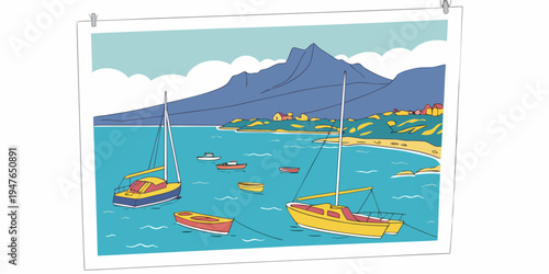 Boats sail in front of a large mountain Vector