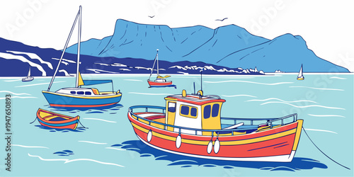A red and yellow fishing boat on the water Vector