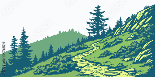A green hillside with trees on a sunny day Vector