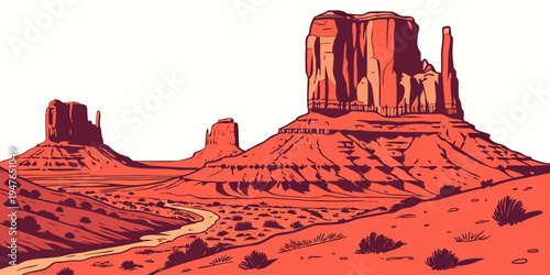 A red rock formation in the desert with a large rock in the background Vector