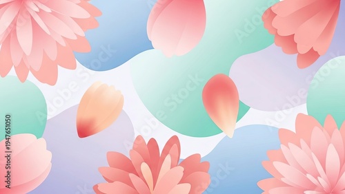 Soft Pastel Abstract Background with Pink Flowers and Organic Fluid Shapes for Spring and Summer Designs