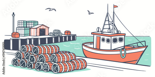 A small orange and white fishing boat next to a pile of lobster traps Vector