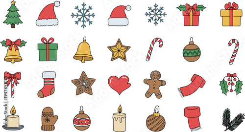 Christmas holiday icons vector set with Santa hat, gifts, snowflakes, candy cane, gingerbread man, ornaments and festive winter decorations