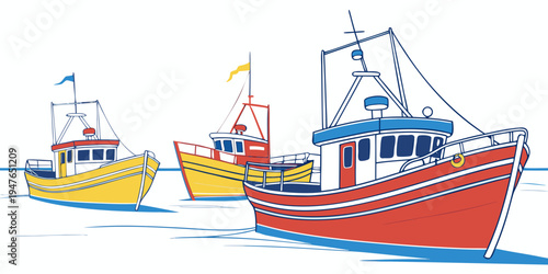 Three fishing boats floating on water Vector