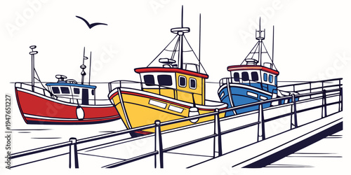 Three boats are docked at a pier by the sea Vector