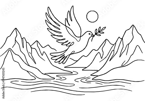 Peaceful Ascension Day Monoline Background with Dove and Fjord Peaks