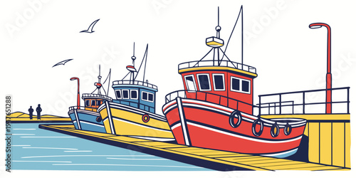 A red boat sitting on a dock next to another boat Vector