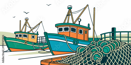 Two fishing boats docked at a harbor with fishing nets Vector