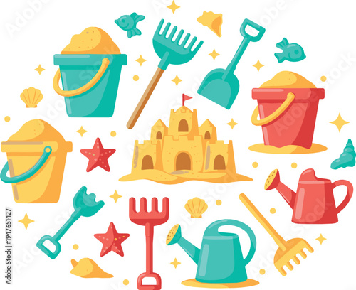 Colorful beach toys and sandcastle vector set with buckets, shovels, rake, watering can, starfish and summer seaside kids play elements