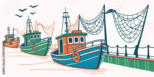 A blue and orange fishing boat sitting on a dock Vector