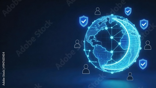Wallpaper Mural Global digital network security concept with glowing blue Earthconnected nodesshield iconsrepresenting cybersecuritydata protectionglobal communicationtechnology innovation Torontodigital.ca