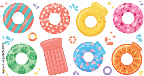 Colorful inflatable pool float set vector illustration with donut rings, fruit floats, air mattress and summer swimming accessories cartoon collection