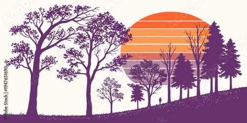 A serene landscape of trees at sunset Vector