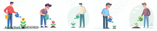 vector of a man stand watering small flower in a pot during spring
