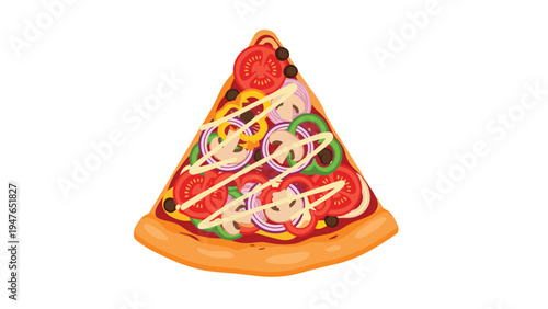 Mouth watering slice of vegetarian pizza loaded with tomatoes, onions, green peppers, mushrooms, and olives with a drizzle of sauce.