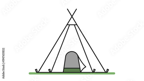Simple minimal line icon representing a traditional teepee tent set on a small patch of green grass for camping or heritage design.
