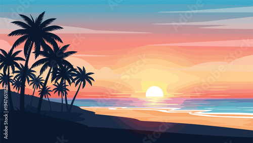 Breathtaking tropical sunset scene over the ocean with dark silhouettes of palm trees on the beach and vibrant colorful sky.